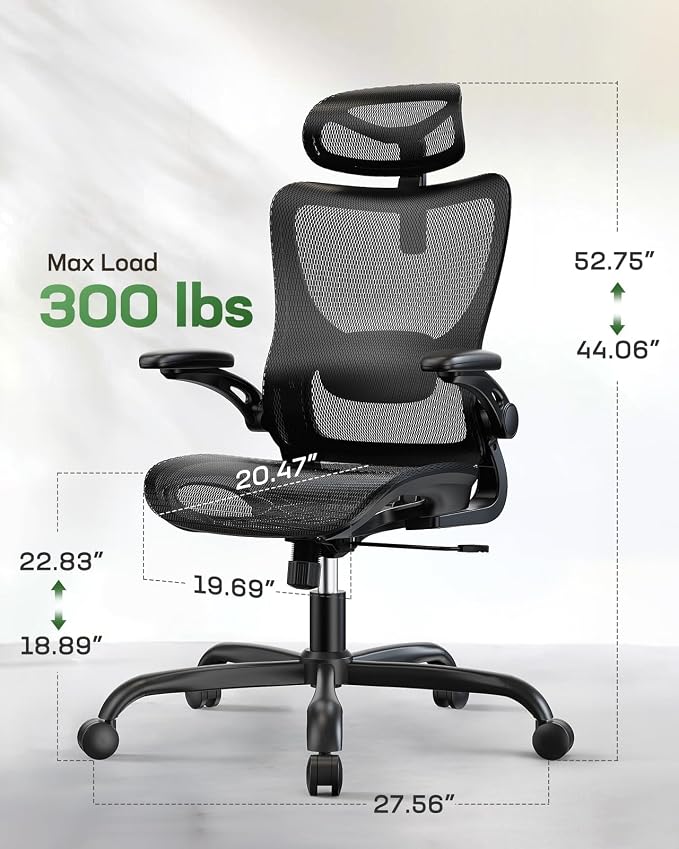 Marsail Ergonomic Mesh Office Chair with Adjustable Lumbar Support, 3 | 3D flip-up armrests, 2D headrest, breathable mesh back, reclining function, smooth-rolling casters, height adjustment