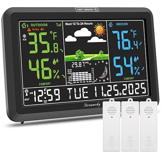 DreamSky Weather Station Indoor Outdoor Thermometer Wireless, Atomic Clock | Digital Large Display with Backlight Dimmer, USB Port, Inside Outside Temperature Humidity Monitor for Home (Plug-in)