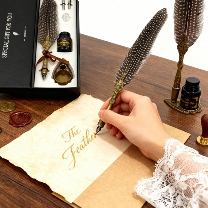 VANGOAL Vintage Feather Pen and Ink Set, Classic Series Pheasant Quill Pen with Carving Pen Stand, Calligraphy Pen Nibs, Black Dip Pen Ink, Antique Writing Gift for Writer