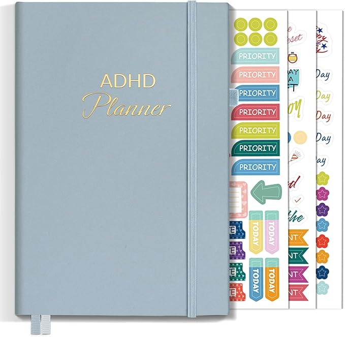 SUNEE Adhd Daily Planner for Adults,3-Month Undated Daily Weekly Monthly Planner for Productivity, Goal Setting, Time Management, Work & Life - for Men & Women,Vision Board + Stickers,Gray Blue