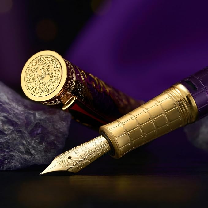 HONG DIAN D5 Qin Dynasty Fountain Pen Purple Gold, Extra Fine Nib Piston Filling Pen, Retro Chinese Totem Engraving Smooth Writing Pen with Pen Box Set