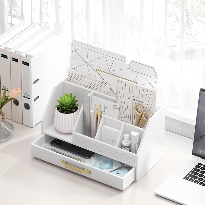 Wisuce Bamboo Mail Organizer Countertop with Drawers, Wooden Desk Organizer File Bill Sorter Storage Box for Desktop Letter Envelope Countertop Holder for Office Home School Organization