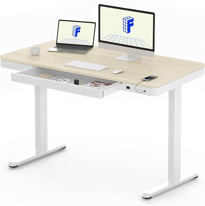 FLEXISPOT Comhar Electric Standing Desk with Drawers Charging USB Port, Height Adjustable 48" Whole-Piece Quick Install Home Office Computer Laptop Table with Storage