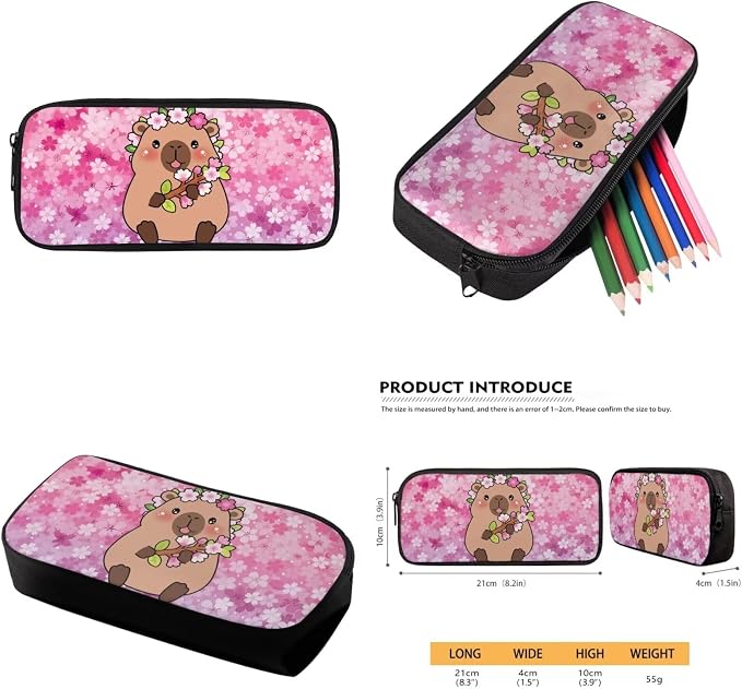 WELLFLYHOM Cute Capybara Elementary School Backpack for Girls, 4PCS Set Cherry Blossom Backpack with Lunch Box for Kids 6-11, 17 Inch Bookbag with Adjustable Strap for All Day School