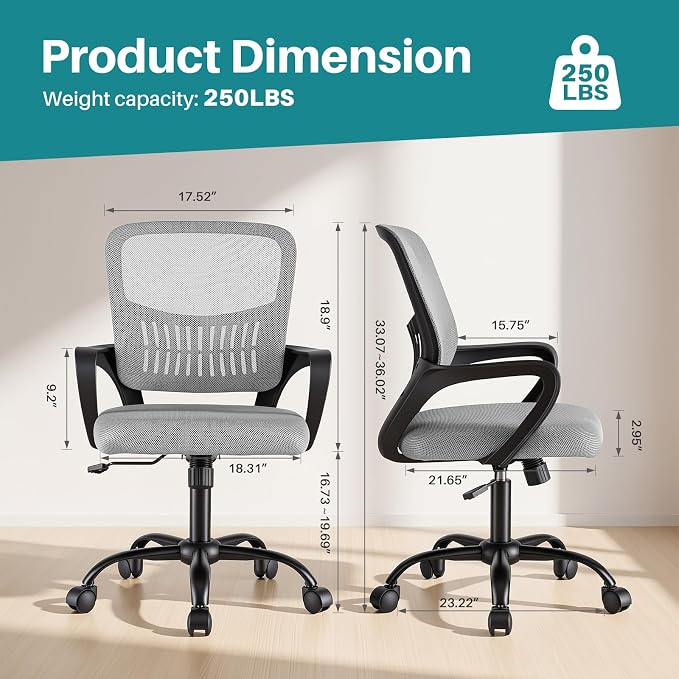 OLIXIS Ergonomic Office Desk Chair, Executive Mid-Back Computer Chair with Comfortable Lumbar Support & Rocking Mode, Height Adjustable with Fixed Armrest, 360° Swivel, for Adults, Grey