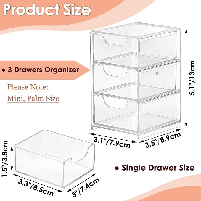 BTSKY 1 Pack Small Acrylic Storage Organizer with Drawers, 3-Layer | Clear Desktop Organizer for Office Supplies Mini Storage Box with Drawers for Desk, Desktop Makeup Drawer Jewelry Storage Box