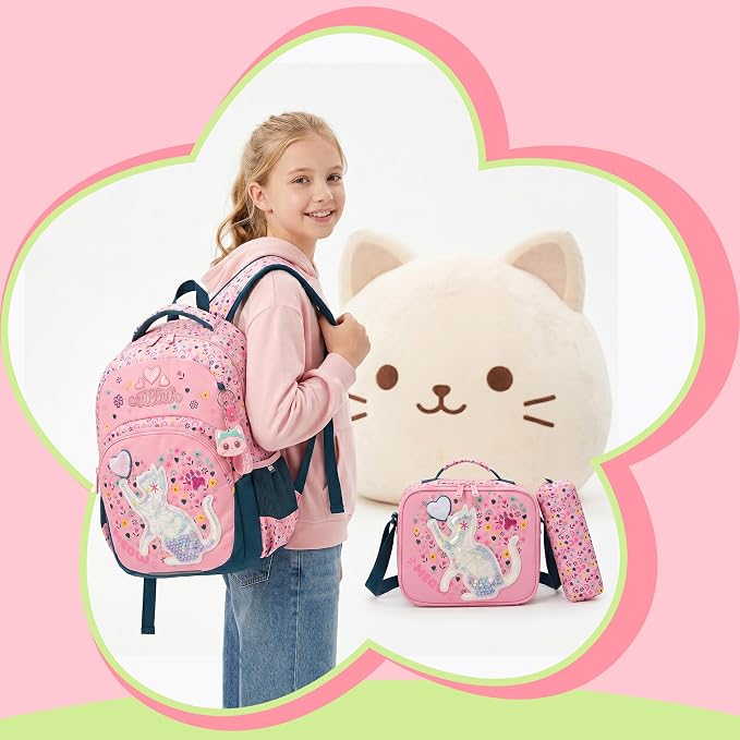 Backpack for Girls,Kids Backpack for Girls with Lunch Box Pencil Case Set Cute Cat Kids Schoolbag for Girl,Lightweight Travel Daypack Birthday Christmas for Girl Back to School Supplies