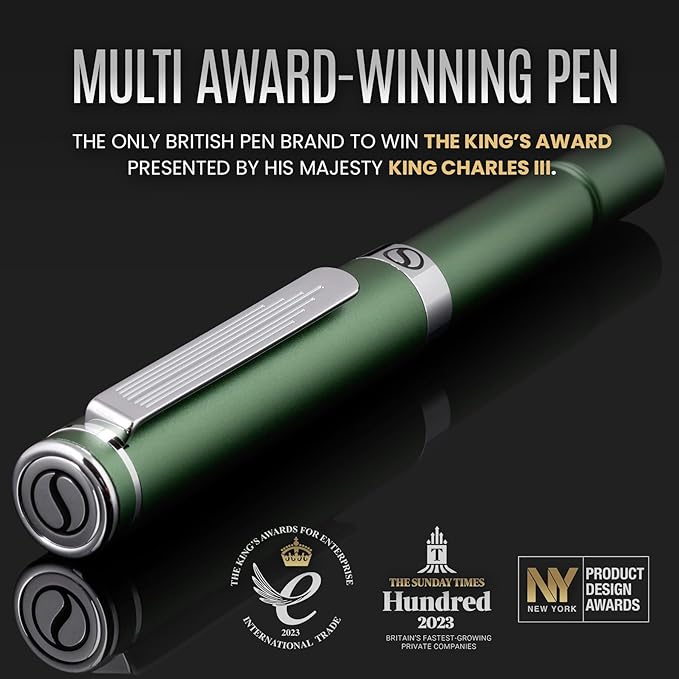 Scriveiner Green Rollerball EDC Luxury Pen, Chrome Finish, 4 Black Medium Refills