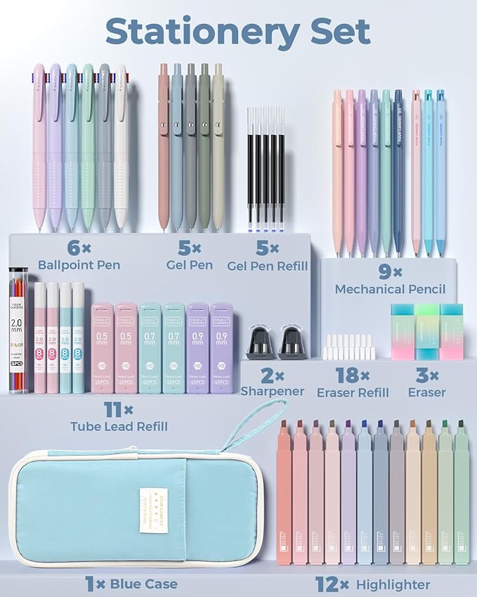 Four Candies 56 PCS Stationery Set, Cute Storage Case with Supplies, 6 Multicolor Pens, 12 Pastel Highlighters, 5 Gel Pens Black Ink, 9 Mechanical Pencils for College Essentials Stuff (Blue)