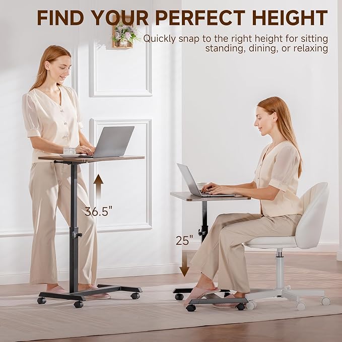 GTPLAYER Small Standing Desk, 24 Inches Mobile Foldable Rolling Laptop PC Table with Lockable Casters, Adjustable Height Overbed Bedside Table Computer Workstation for Home Office, Walnut