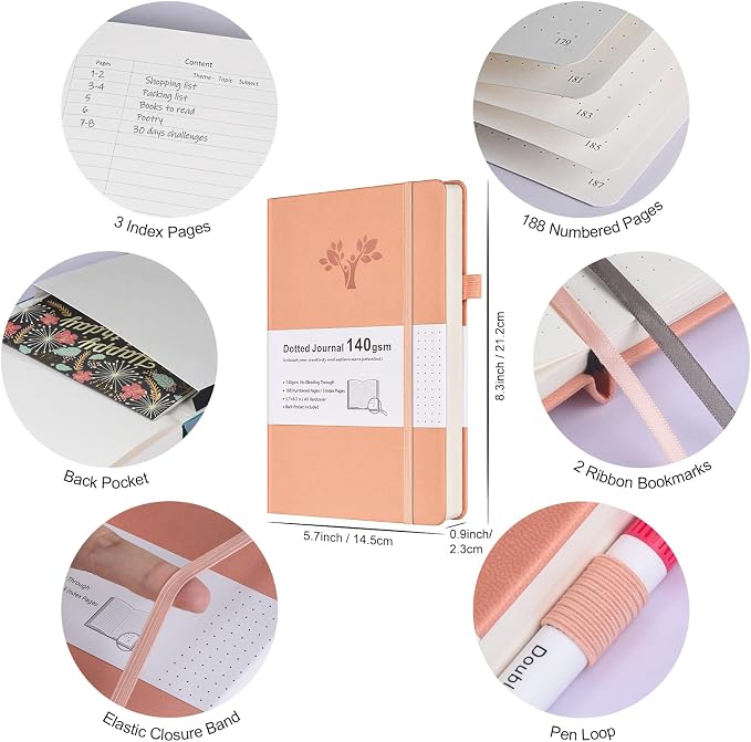 Bullet Dotted Journal Kit, 140gsm No Bleed A5 Dotted Bullet Grid Journal Set with 188 Pages, 10 Stencils, 14 Washi Tape, 12 Brush Pens Dual Tip, Journaling Supplies for Diary Schedule Planner, Pink