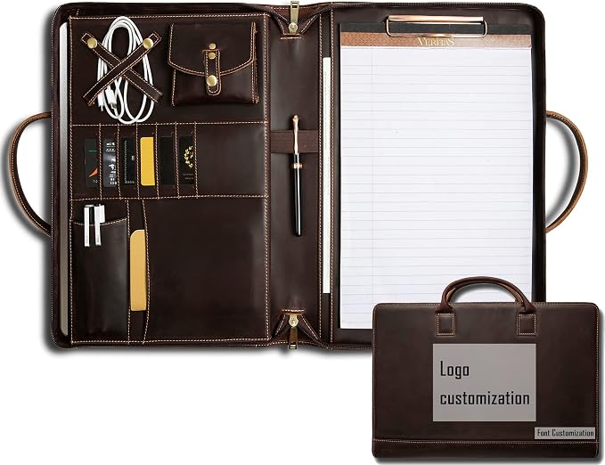 Genuine Leather Portfolio, Padfolio Organizer with Handle, Personalized Padfolio，Padfolio with Zipper for Men Women，Suitable for 15-inch Laptop Legal Pad Padfolio, Dark Brown