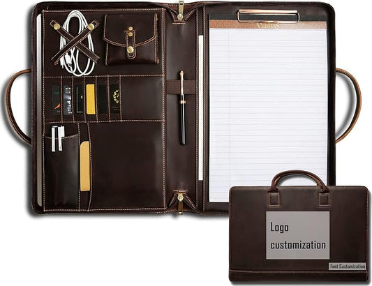 Genuine Leather Portfolio, Padfolio Organizer with Handle, Personalized Padfolio，Padfolio with Zipper for Men Women，Suitable for 15-inch Laptop Legal Pad Padfolio, Dark Brown