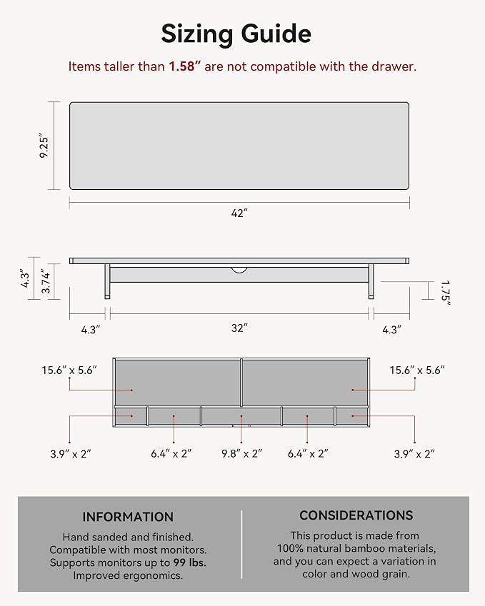 42” Dual Monitor Stand Riser with Large Drawer Keyboard Storage | Double Computer Monitor Riser Shelf for 55-72 Inch Desk Aesthetic Workplace Setup Desktop Organizer Toasted Bamboo