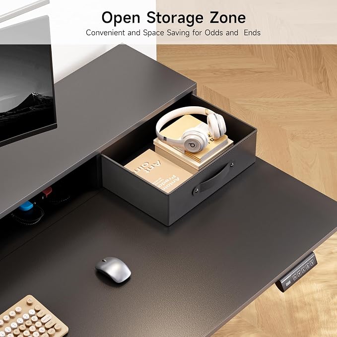 ONBRILL Standing Desk with Drawers, 63x24 Inch Electric Stand Up Desk with 3 Drawers and Open Storage Shelf, Adjustable Height 28-46 Inches for Home and Computer Workstation, Black