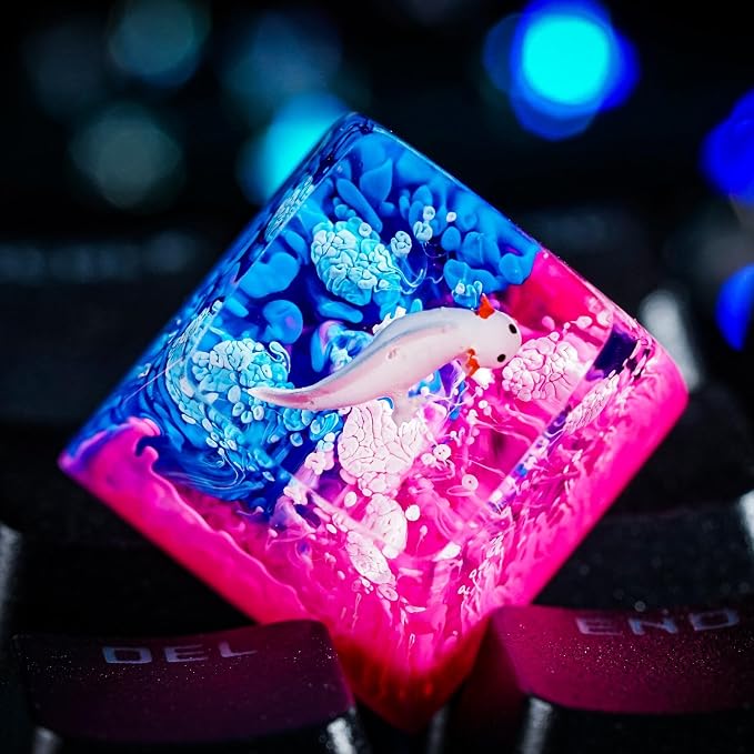 Pink Axolotl Artisan Keycap Pink Blue Ocean - 1U ESC, R1 SA Profile Custom Handmade Resin Cherry MX Switch Key Cap Mechanical Keyboard, Cool Tech Gifts for Men, Dad, Father, Gamer, Axolotl Lover