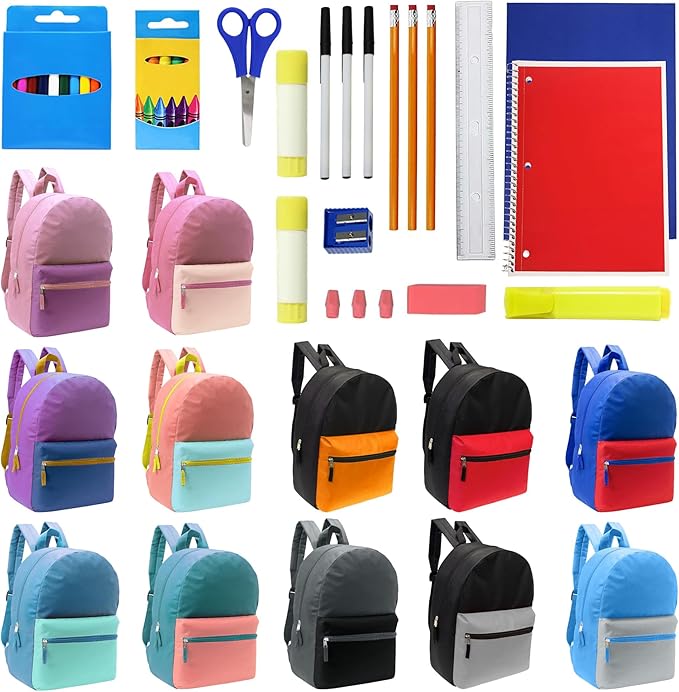 Moda West 17 Inch Bulk Backpacks with 34 Piece School Supply Kit - Case of 12 Wholesale Backpacks in Assorted Colors 6 Boy 6 Girl