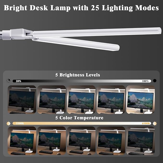 GAEFURY LED Desk Lamp for Home Office, 24W Bright Desk Lamp with Phone Holder Base - 25 Lighting Modes Eye-Caring Desk Light Adjustable Gooseneck Lamp for Workbench Drafting Reading Study-White