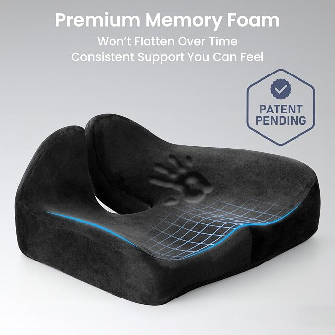 Alcedo Seat Cushion for Office Chair, Ergonomic Memory Foam Seat Cushion for Car Seat, Tailbone Pain Relief Cushion for Long Sitting, Non-Slip, Breathable & Washable Cover