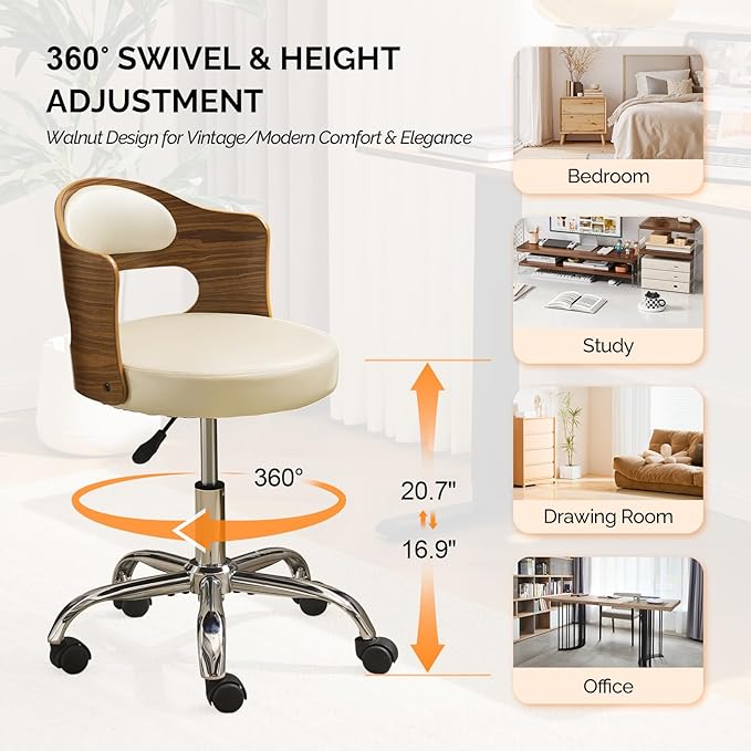 VINGLI Armless Home Office Desk Chair, Adjustable Swivel Chair,Dual-Use with/no Wheels,Small Retro Designed Walnut Curved Task Chair,Cushioned Nail Tech Chair for Study Area,Workspace,PU,Ivory White