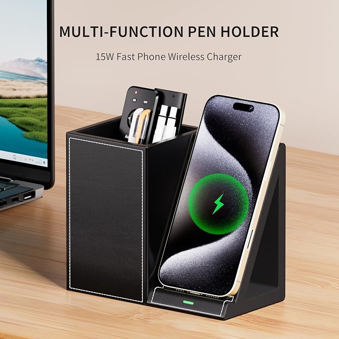 LADSTAG Pen Organizer with Phone Stand,Black Vegan Leather Desk Organizers with Remote Control Holder,Pencil Holder for Desk,Desk Organizer with Phone Charger for Office/Nightstand/Endtable