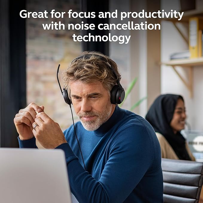 Jabra Evolve2 50 Wired Dual-Ear Headset - Noise Cancelling Headphones, Bluetooth Headset for Work with Noise Cancelling Microphones, Goes with Online Meeting Platforms Like Zoom & Google, Black