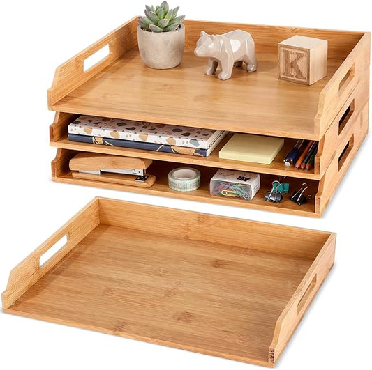 3 Pcs Stackable Paper Tray Bamboo Wood Desk Organizer Letter Tray 3 Tier Wooden File Organizer Desk Shelf for Documents, Letter Sorter, Envelopes and Magazine Holder