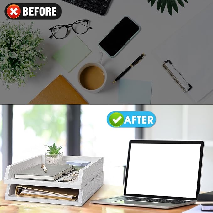 DoubleFill 2 Pcs Wooden Letter Trays 2 Tier Desktop Paper Organizer Wood Letter-Size Desk Document Tray Heavy Duty Stackable Paper Drawer Holder File Folder Back to School Office Home (White)