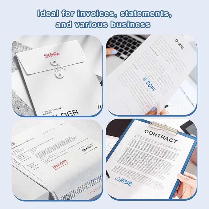 8 Pcs Office Stamps for Business, Paid Void Copy Scanned Confidential Approved Original Entered Self Inking Red Blue Rubber Stamps with Storage Tray, Account Finance Staff Supplies