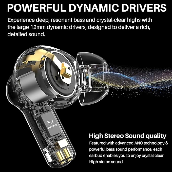 TOZO Hybrid Active Noise Cancelling Wireless Earbuds with 6 Mics AI Clear Call Ear Buds 68H Playtime with LED Display 32 Preset EQs via APP Bluetooth 5.3 IPX8 Waterproof in Ear Headphones