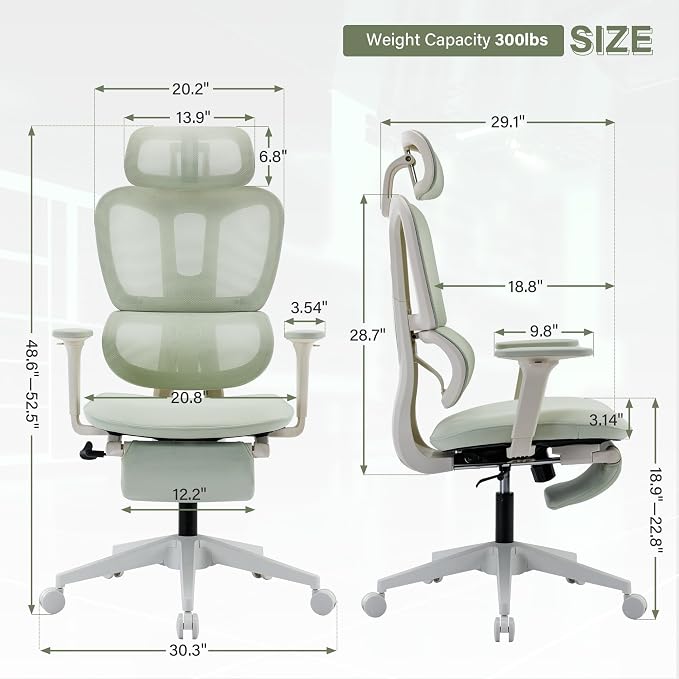 Ergonomic Office Chair with Retractable Footrest, Green | High Back Design, Dynamic Lumbar Support, 2D Headrest & 2D Armrests, Breathable Mesh Back for Home Office