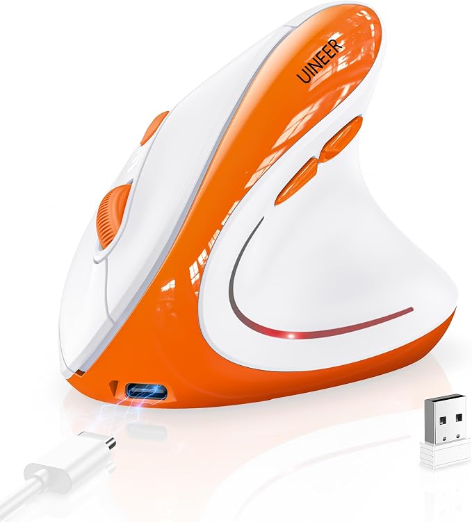 Uineer Ergonomic Mouse, Wireless Bluetooth Rechargeable Vertical Mouse, 7 Color LED, 4 DPI Adjustable, USB-A, Wrist Strain Relief,Optical Mice for Computer/PC/Laptop, Black (Orange)