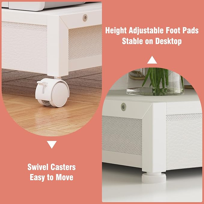 VENNQD 2-Tier Desktop Printer Stand with 2 Fabric Drawers, Prtiner Table with Storage Shelf, Desk Organizer for Home Office,3D Printer,Fax Machine,Scanner (White, 2 Tier)