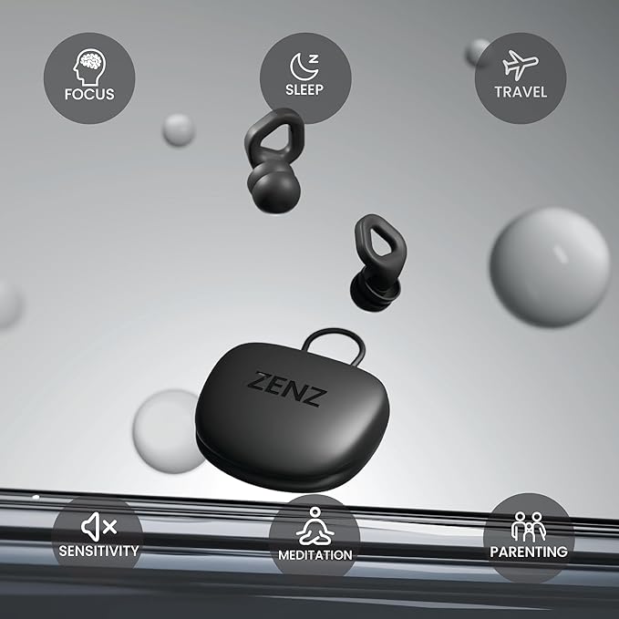 Zenz Unwind Pro Ear Plugs for Sleeping Noise Reduction – Soft Silicone Reusable Earplugs for Sleep, Focus & Work – 35dB Noise Reduction with Storage Case – XS/S/M/L Eartips (Onyx Black, One Size)