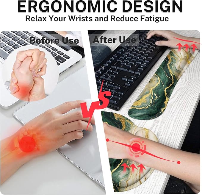 Britimes Marble Abstract Gold Green Modern Ergonomic Mouse Pad Set with Wrist Rest Non-Slip Rubber Base Wrist Cushion Support and Coasters Mousepad with Wrist Support for Computer Keyboard and Desk