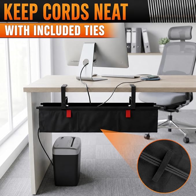 Under Desk Cable Management Tray 28" — No Drill Clamp-On Cord Organizer for Desk with Built-in Ties, Heavy Duty Metal Clamp, Foldable 600D Oxford Fabric for Home Office, WFH & Gaming PC Setup (Black)