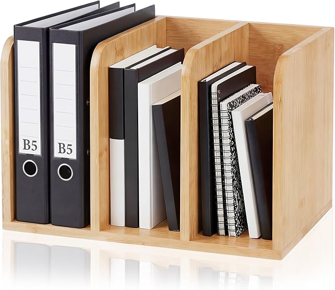 Novabright Bamboo File Magazine Holder Desk Organizer, 3 Vertical Compartments Workspace Sorters for Magazines, Binders, Notebooks, Envelopes
