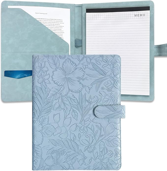 Portfolio Padfolio Binder, Faux Leather Professional Document Organizer with Business Card Holder, Letter-Sized Notepad Legal Pad Holder, Durable Executive Folder for Interviews, Meeting (Blue)