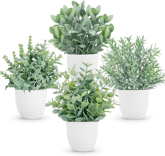 Der Rose Faux Plants Indoor, 4 Pack Small Fake Plants Mini Artificial Plants in Pots for Home Office Shelf Farmhouse Bathroom Decor