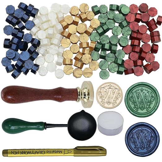 Initial Alphabet Wax Seal Stamp Kit, Retro Letter W Sealing Stamp with 150Pcs Sealing Wax Beads Spoon Pen Set for Wedding Invitations Cards Envelopes (W)