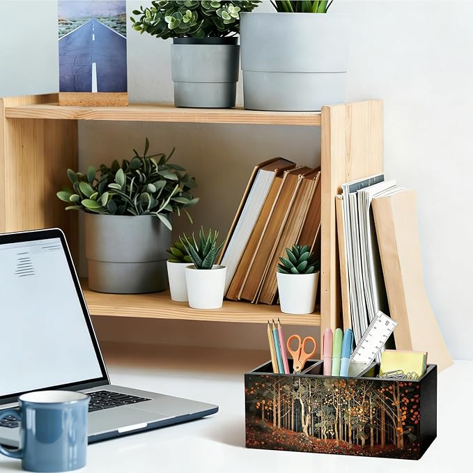 Vintage Forest Landscape Pen Pencil Holder for Desk, Dark Cottagecore Inspired Forest Wooden Box Sign Organizer for Home Office Bedroom Desk Accessories Tabletop Decorations