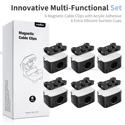 6-Piece Magnetic Cable Clips Set with 6 Silicone Suction Cups for Cable Management | Magnetic Cord Holder and Organizer Keeper for Home Office, Desk, Phone, Car, Wall, and Nightstand