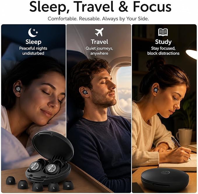 Ear Plugs for Sleeping 45DB Noise Cancelling: Ultra-Comfy Reusable Noise-Reducing Earplugs for Sleeping & Travel & Work Hearing Protection Earbuds with 8 Tips(XS,S, M, L Size) (Obsidian)