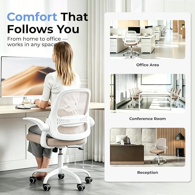 Ergonomic Mesh Office Chair for Home Office, Flip-Up Arms, Breathable Mesh Back & Thick Seat Cushion, Swivel Rolling Computer Desk Chair – BIFMA Certified, Supports 300 lbs (White Frame/Beige Seat)