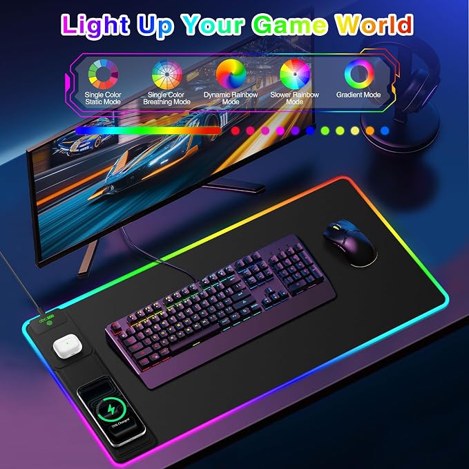 XXL RGB LED Gaming Mouse Pad with Magnetic Wireless Charger & Foldable Phone Holder, 31.5"x15.8" Extended Ultra-Smooth Desk Mat, 25 Lighting Effects, Non-Slip Base
