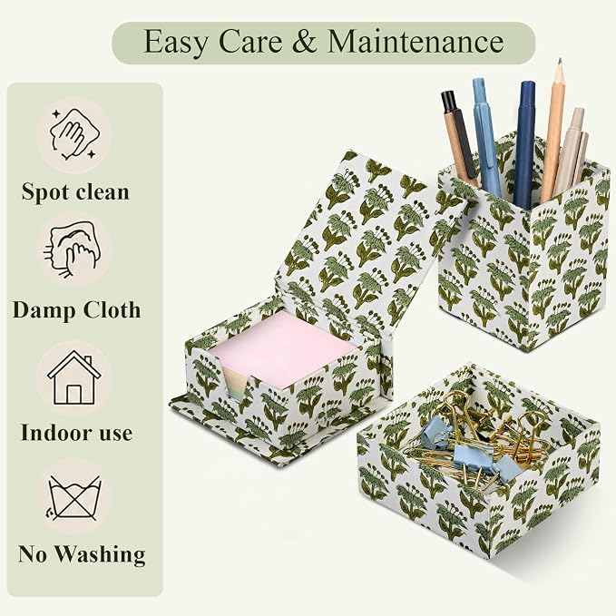 CPC Emerald Green Block Print Set of 3 Desk Organizer Pen And Sticky Note Holder Cute, Aesthetic, Decor accessories, workspace organizers, Caddy Storage, Gift for Office, Professionals, Student