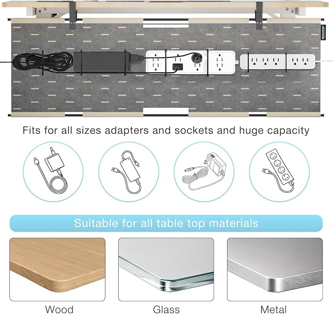 No Drill Under Desk Cable Management Tray, 45.2" Felt Cord Organizer | Clamp or Screw Mount, Converts to Privacy Panel, Pegboard Design, Wire Management for Standing Desk & Home Office