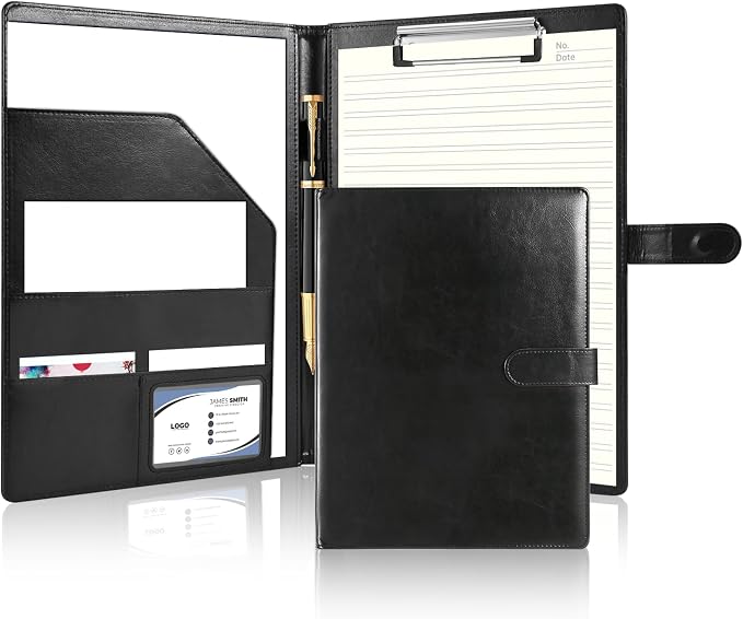 Professional Portfolio Binder with Clipboard, Faux Leather Padfolio Organizer for Resume, Interview Business Conference, Legal Pad Holder for A4 Letter Size Notepad with Multi-Pocket Storage (Black)
