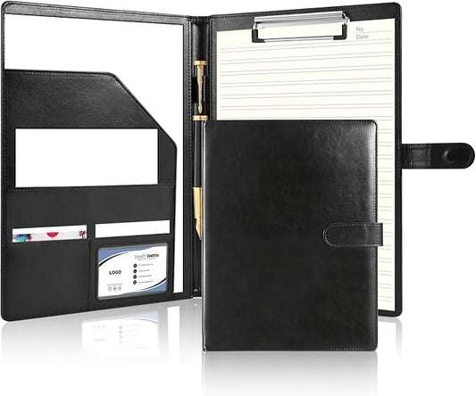 Professional Portfolio Binder with Clipboard, Faux Leather Padfolio Organizer for Resume, Interview Business Conference, Legal Pad Holder for A4 Letter Size Notepad with Multi-Pocket Storage (Black)