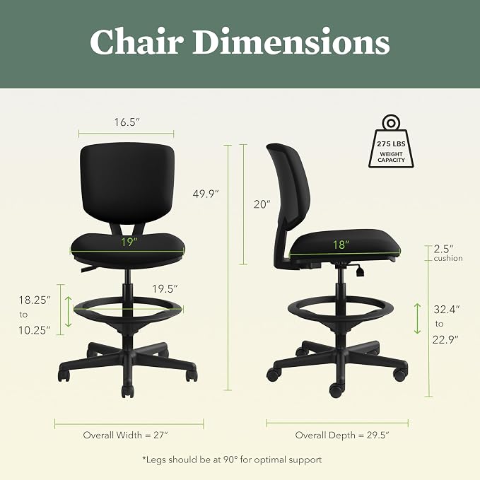 HON Volt Standing Desk Chair with Footring, Armless Ergonomic Task Stool with Center‑Tilt Recline, Adjustable Height Seating for Computers, Desks, and Sit‑Stand Workstations, Black